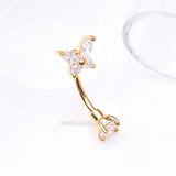 Detail View 1 of Golden Brilliant Sparkle Butterfly Prong Gem Top Curved Barbell-Clear Gem