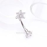 Detail View 1 of Brilliant Sparkle Flower Prong Gem Top Curved Barbell-Clear Gem