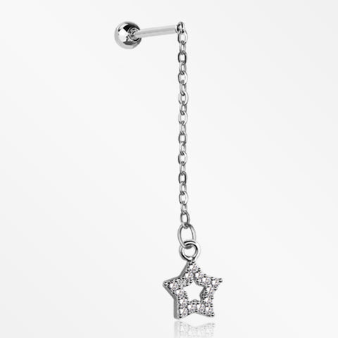 Chained Sparkle Hollow Star Dangle Cartilage Barbell Earring-Clear Gem