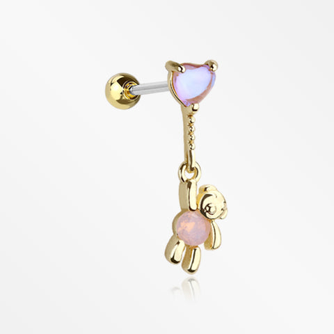 Golden Adorable Floating Bear Heart Balloon Sparkle Cartilage Barbell Earring-Pink