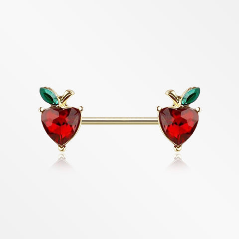 A Pair of Golden Adorable Red Apple Fruit Sparkle Nipple Barbell