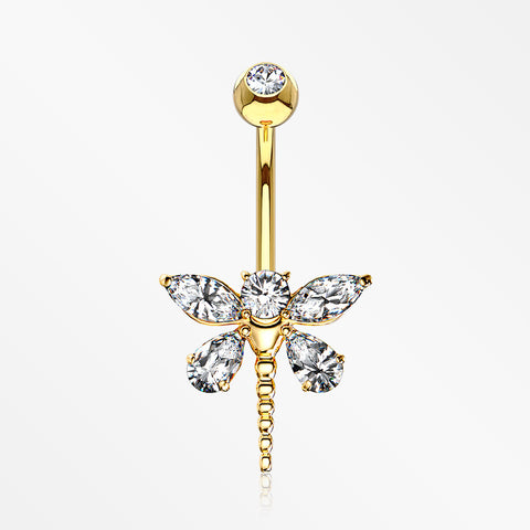 14 Karat Gold Marquise Teardrop Sparkle Gem Dragonfly Belly Button Ring-Clear