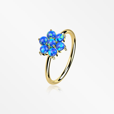 14 Karat Gold Brilliant Fire Opal Spring Flower Bendable Hoop Ring-Blue Opal