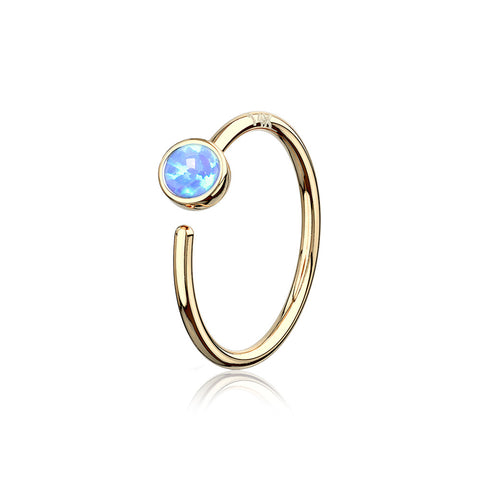 14 Karat Gold Bezel Set Fire Opal Bendable Hoop Ring-Blue Opal