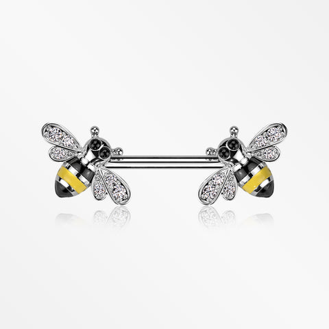 A Pair of Adorable Bumble Bee Sparkle Nipple Barbell-Clear Gem