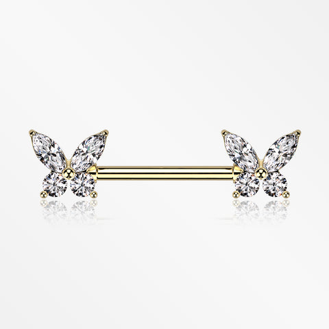 A Pair of Golden Brilliant Sparkle Marquise Butterfly Nipple Barbell-Clear Gem