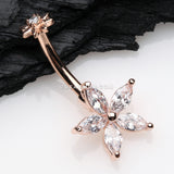 Rose Gold Brilliant Marquise Spring Flower Sparkle Internally Threaded Belly Button Ring-Clear