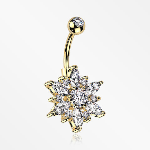 Golden Brilliant Marquise Petal Flower Sparkle Belly Button Ring-Clear Gem