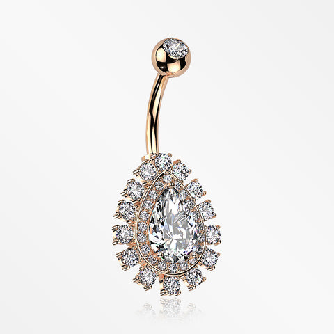 Rose Gold Brilliant Teardrop Grand Sparkle Belly Button Ring-Clear Gem