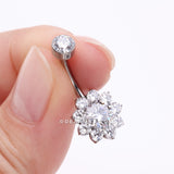 Detail View 3 of Implant Grade Titanium Brilliant Sparkle Flower Internally Threaded Belly Ring-Clear Gem