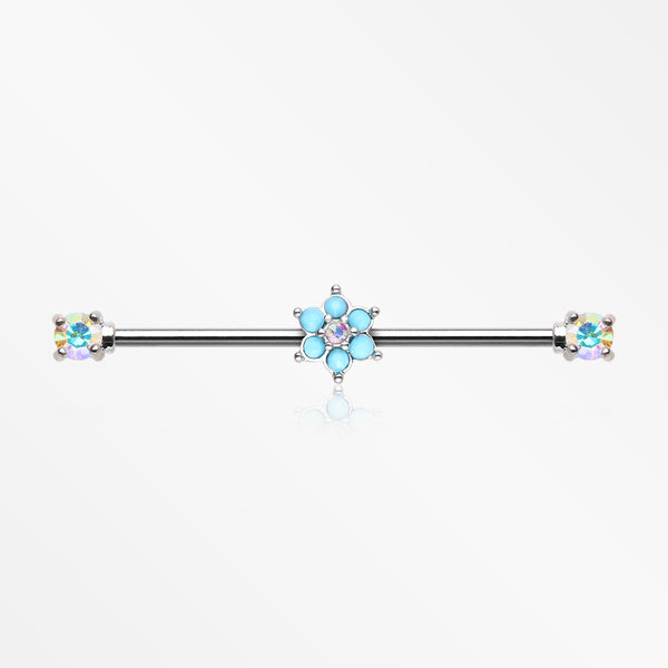 Turquoise Spring Flower Sparkle Prong Industrial Barbell-Aurora Borealis