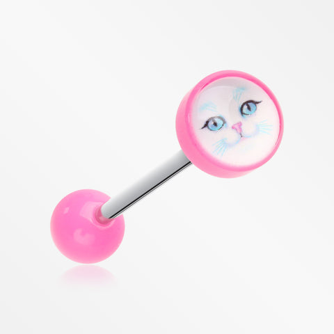 Mystic White Kitty Cat Acrylic Top Barbell Tongue Ring-Pink