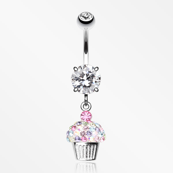 Cupcake Delight Multi-Gem Sparkle Dangle Belly Button Ring-Clear/Rainbow