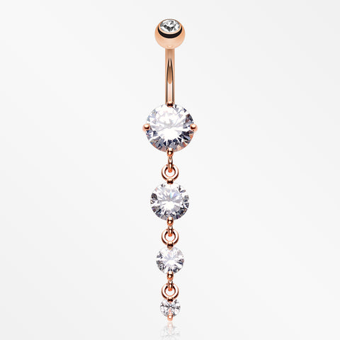Rose Gold Brilliant Gem Cascade Belly Button Ring-Clear