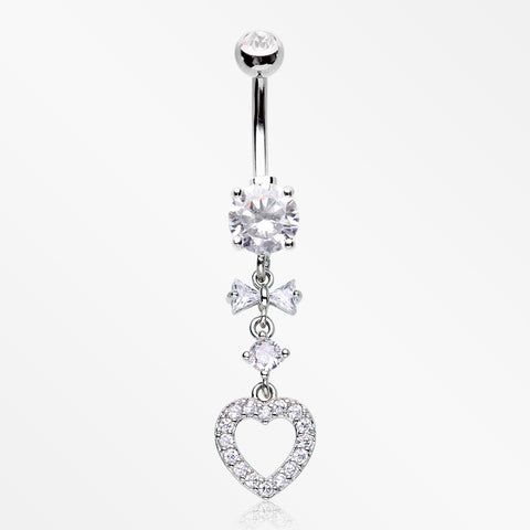 Grand Heart Bow-Tie Gem Sparkle Dangle Belly Button Ring-Clear Gem