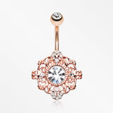 Rose Gold Filigree Mandala Sparkle Belly Button Ring-Clear