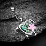 Hawaiian Flower Turtle Opal Sparkle Belly Button Ring-Clear/Black