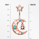 Rose Gold Celestial Opal Moon Star Belly Button Ring-Teal/White