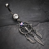The Tree of Life Dreamcatcher Feather Hematite Belly Button Ring-Hematite/Clear