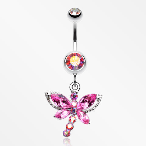 Dragonfly Glam Belly Ring-Pink/Aurora Borealis