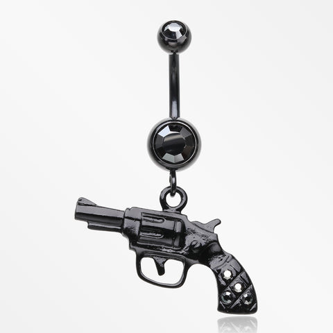 Blackline Pistol Gun Sparkle Belly Ring-Black/Hematite