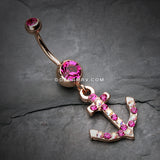 Rose Gold Anchor Gem Sparkle Belly Button Ring-Fuchsia/Aurora Borealis