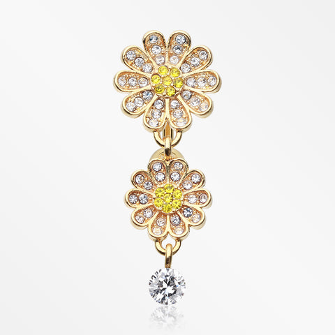 Golden Daisy Glam Multi-Gem Reverse Belly Button Ring-Clear/Yellow