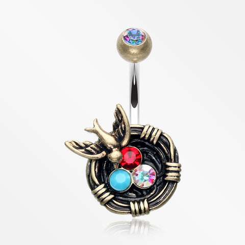 Vintage Boho Sparrow Birdnest Belly Button Ring-Brass/Aurora Borealis/Turquoise
