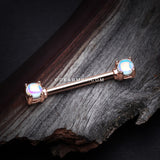 A Pair of Rose Gold Iridescent Revo Double Prong Gem Nipple Barbell