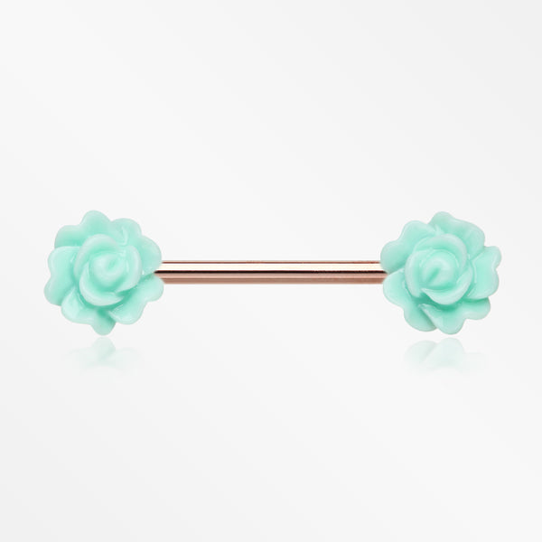 A Pair of Rose Gold Acrylic Rose Blossom Nipple Barbell Ring-Mint Green