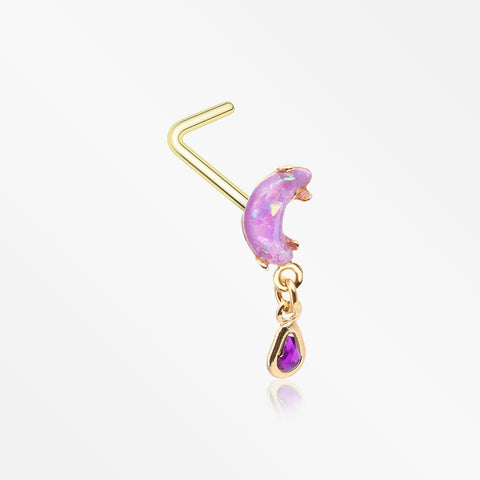 Golden Opalescent Moon Sparkle Teardrop Dangle L-Shaped Nose Ring-Purple