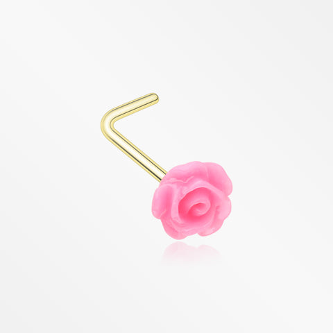 Golden Pink Blossom Rose L-Shaped Nose Ring