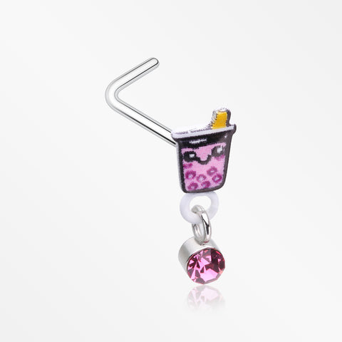 Cute Boba Tapioca Drink Sparkle Dangle L-Shaped Nose Ring-Pink