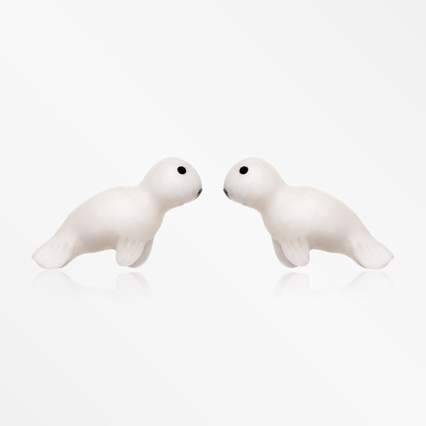 A Pair of Baby Harp Seal Handcarved Earring Stud-Clear/White