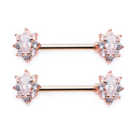 A Pair of Rose Gold Grand Luria Floral Sparkle Nipple Barbell-Clear Gem
