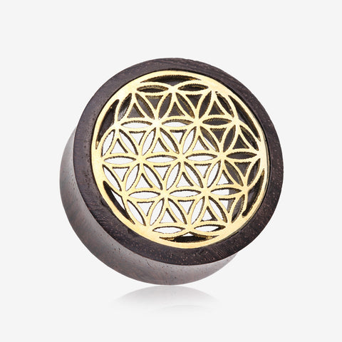 A Pair of Flower of Life Bali Brass Rosewood Double Flared Tunnel Plug