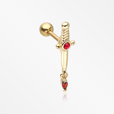 Golden Sparkle Dagger Dangle Cartilage Tragus Barbell Stud Earring-Red
