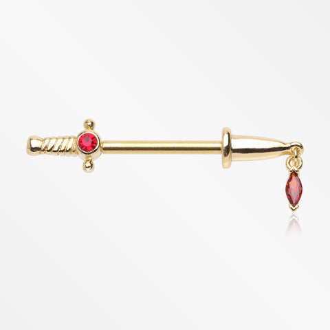 A Pair of Golden Sparkle Dagger Dangle Nipple Barbell Ring-Red
