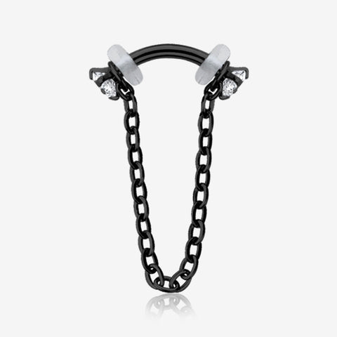 Blackline Chained Prong Set Gem Internally Threaded Curved Barbell-Clear Gem