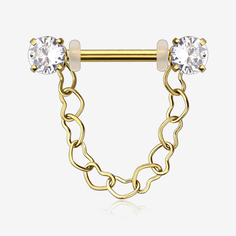 A Pair of Golden Sparkle Chained Hollow Heart Internally Threaded Nipple Barbell-Clear Gem