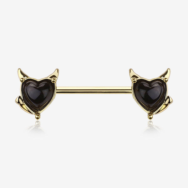 A Pair of Golden Devil Heart Sparkle Nipple Barbell-Black