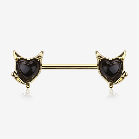 A Pair of Golden Devil Heart Sparkle Nipple Barbell-Black