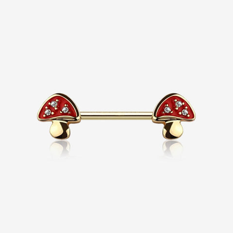 A Pair of Golden Poison Red Mushroom Sparkle Nipple Barbell