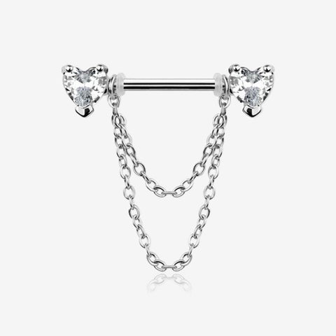 A Pair of Heart Gem Sparkle Double Chained Nipple Barbell-Clear Gem