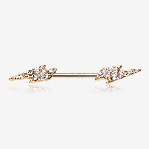 A Pair of Golden Sparkle Lightning Bolt Nipple Barbell Ring-Clear Gem