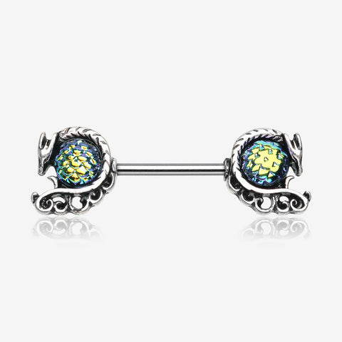 A Pair of Vintage Dragon Iridescent Scale Orb Nipple Barbell-Green