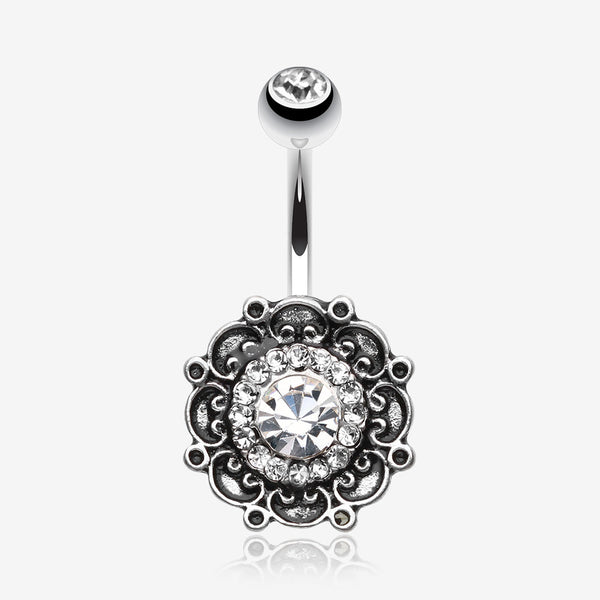 Vintage Filigree Flower Multi-Gem Belly Button Ring-Clear Gem