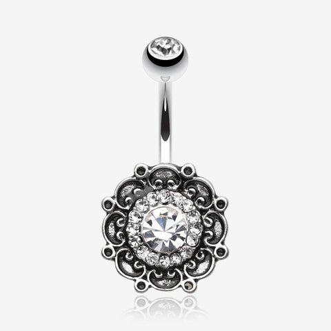 Vintage Filigree Flower Multi-Gem Belly Button Ring-Clear Gem