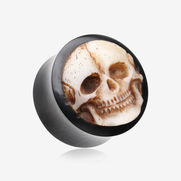 A Pair of Death Skull Organic Bone Inlay Buffalo Horn Ear Gauge Plug-Yellow