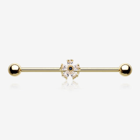 Golden Dainty Flower Sparkle Dazzle Industrial Barbell-Clear Gem